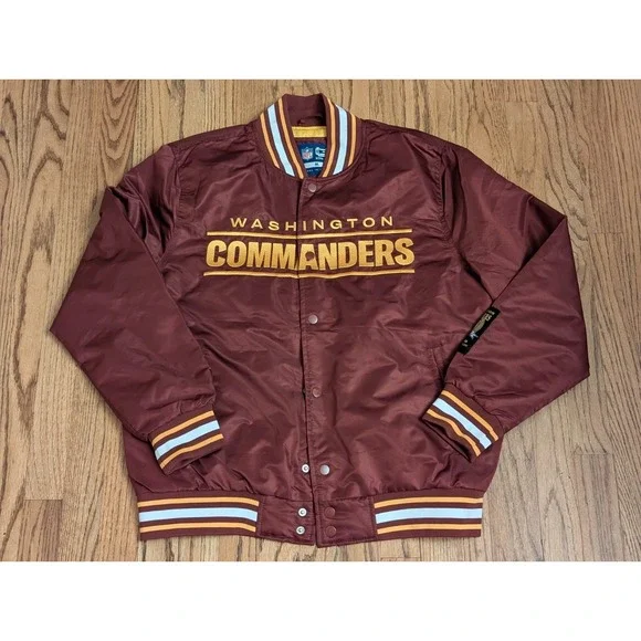 Washington Commanders Bomber Varsity Satin Jacket Mens Medium Full Snap Burgundy - Picture 1 of 16
